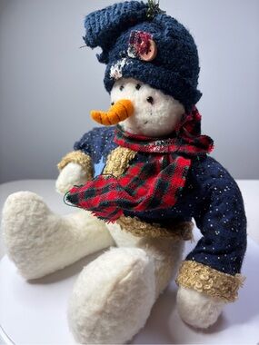 Atico International 14” Primitive Folk Art Plush Christmas Snowman Shelf Sitter